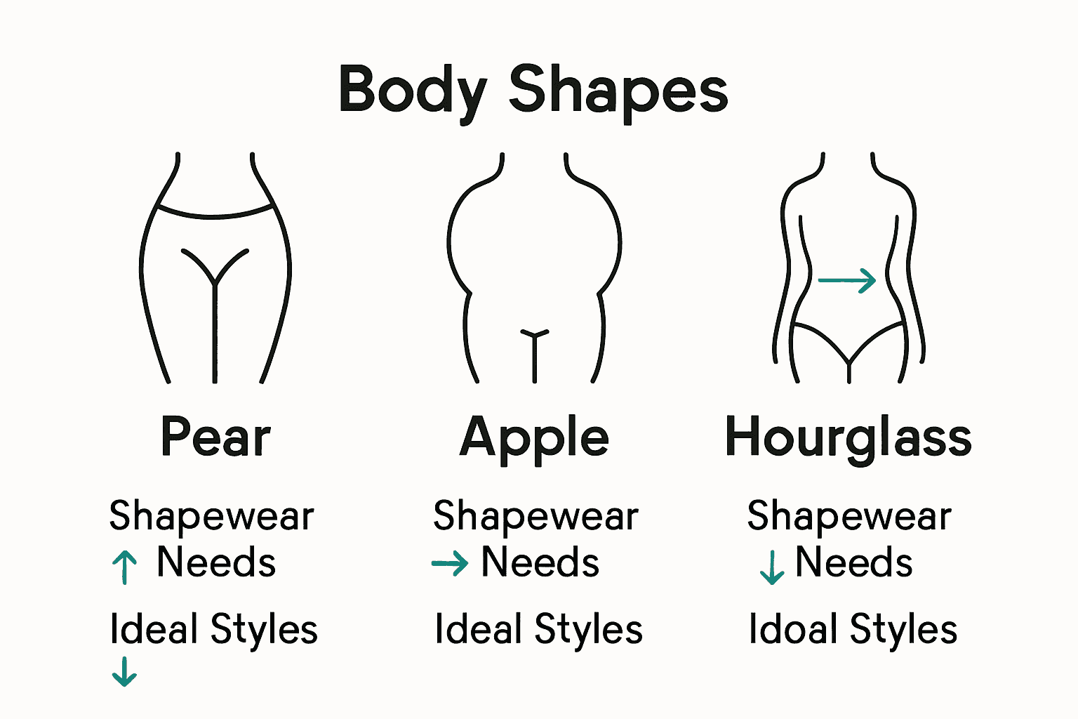 Comparison infographic showing pear, apple, and hourglass body shapes with matching shapewear solutions.