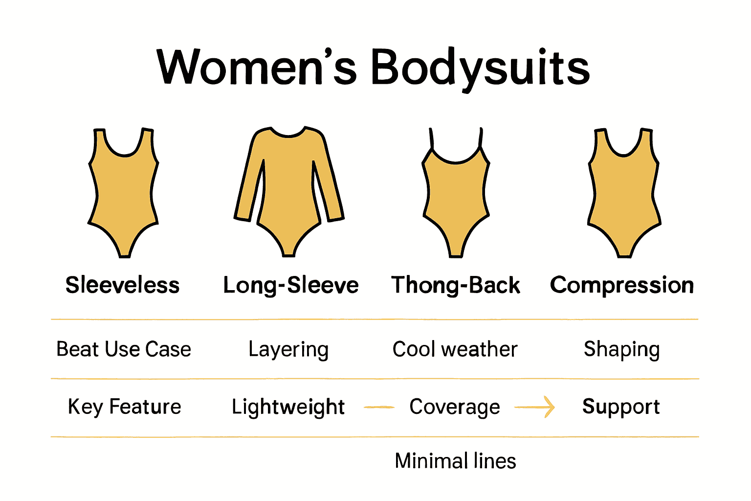 Infographic comparing types of women's bodysuits by style and feature