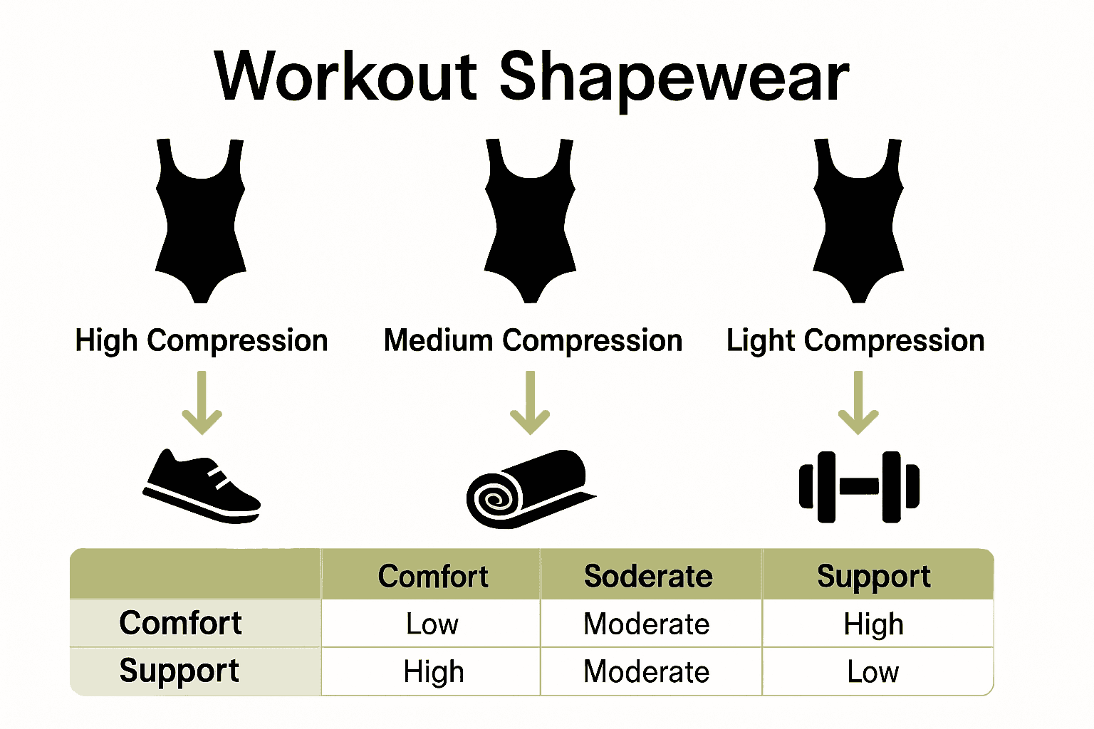Infographic comparing compression levels and activity types for workout shapewear.
