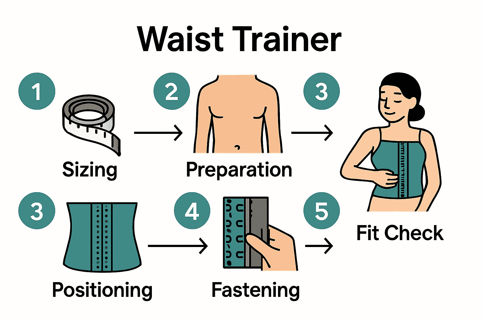 Five step waist trainer fitting process infographic with icons and captions.