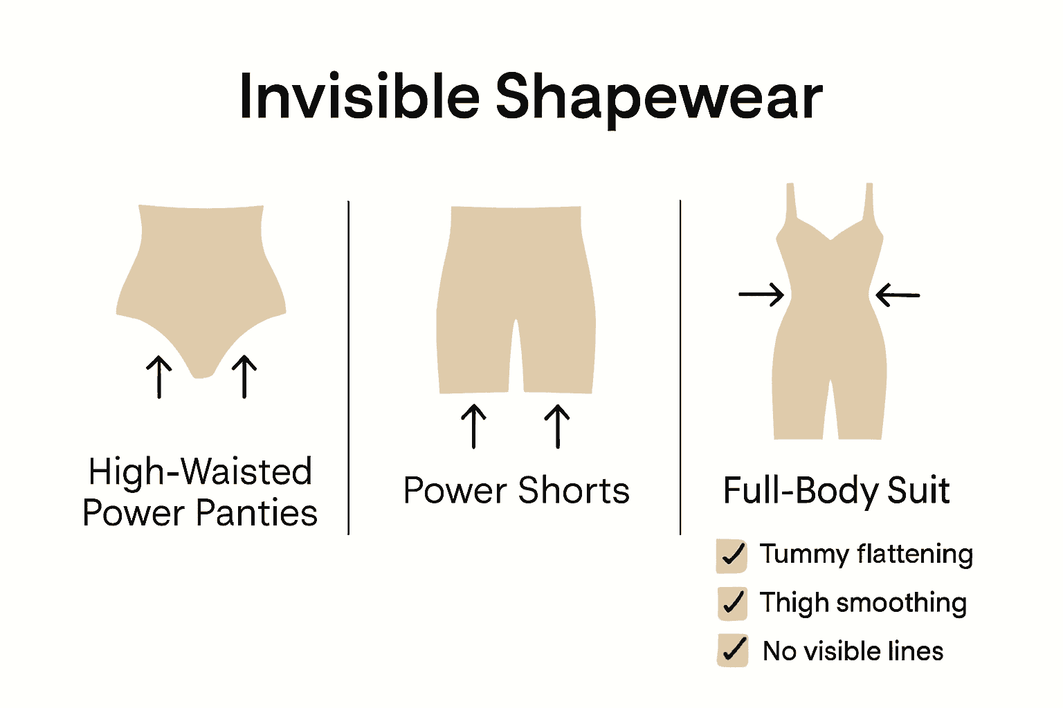 Infographic comparing three types of invisible shapewear and their key benefits