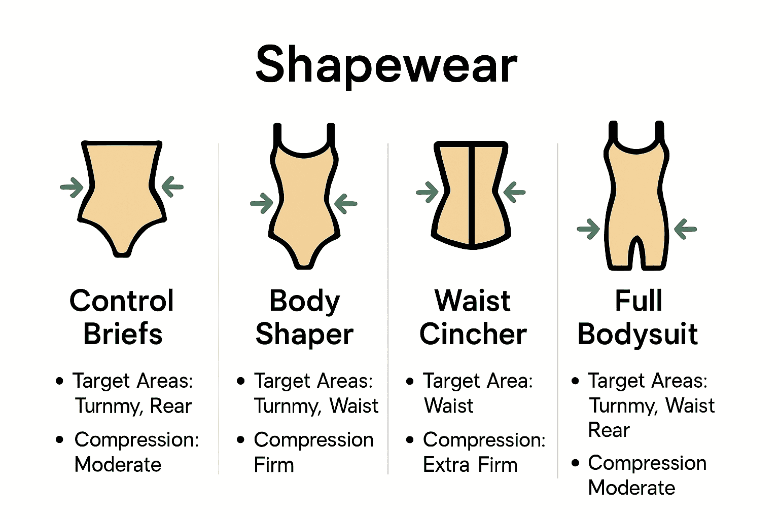 Infographic comparing types of women's shapewear and their features