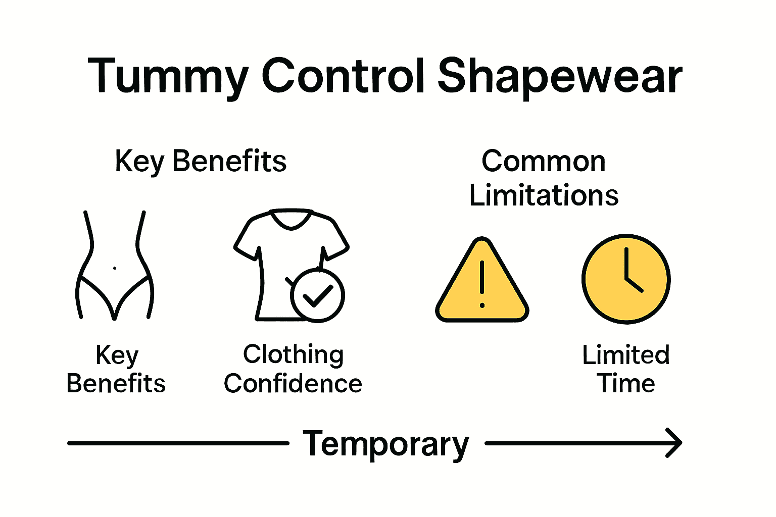 Infographic comparing tummy control benefits and limitations with icons and labels.