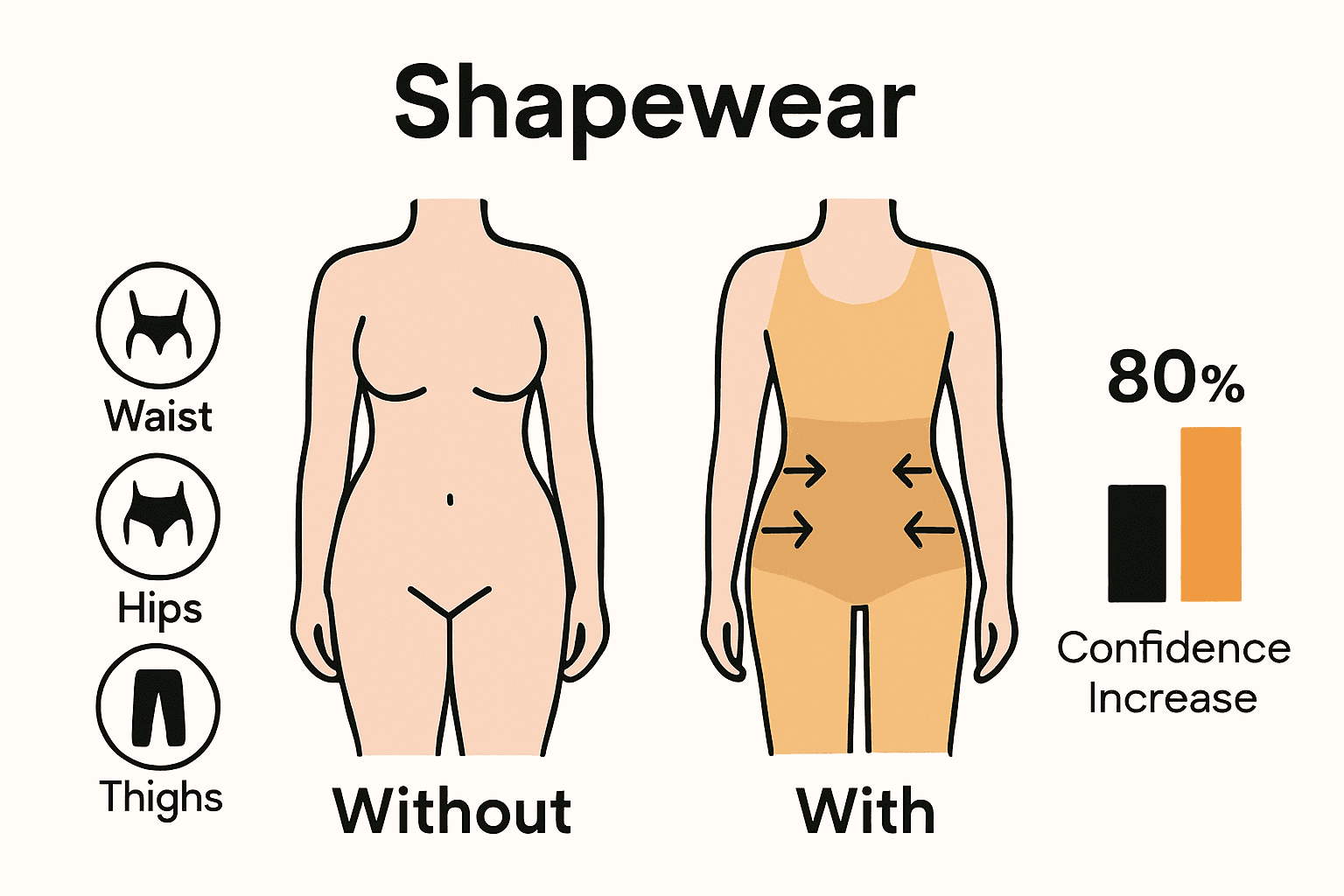 Infographic comparing female body shape with and without sculpting shapewear; shows key compression zones and silhouette changes.