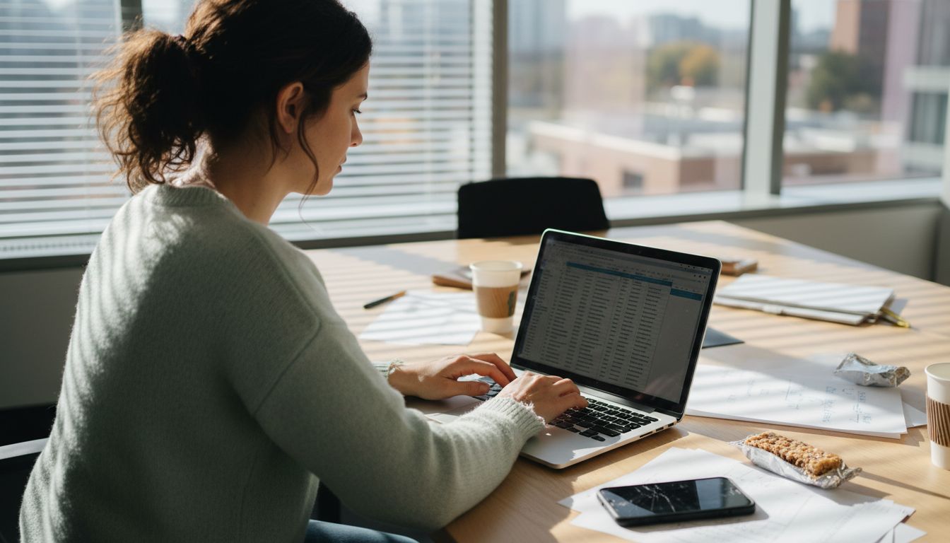 Woman enters ad headlines at laptop