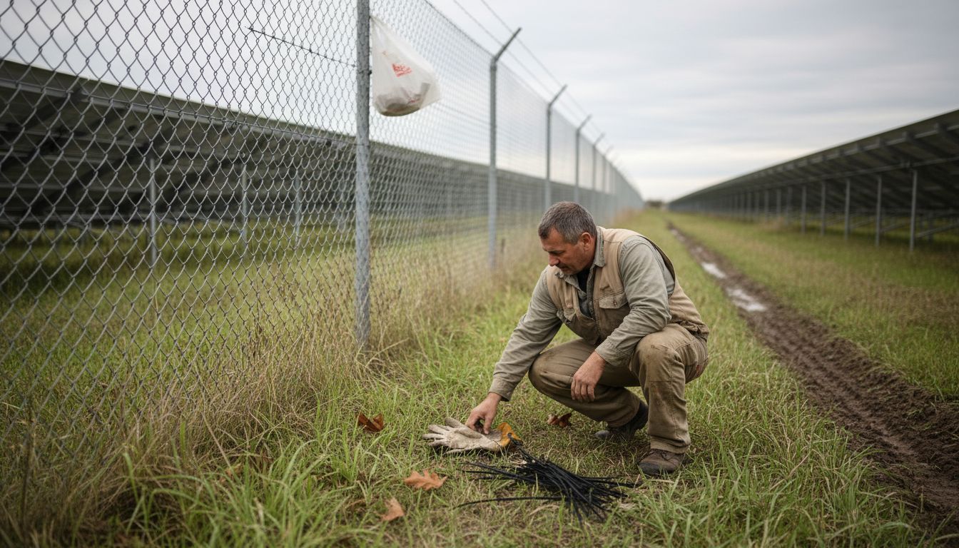 Maintenance worker at large solar farm perimeter