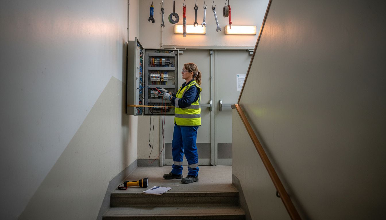 Technician testing emergency lighting in stairwell