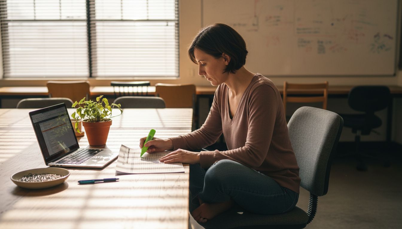 Woman optimizing search keywords at busy desk