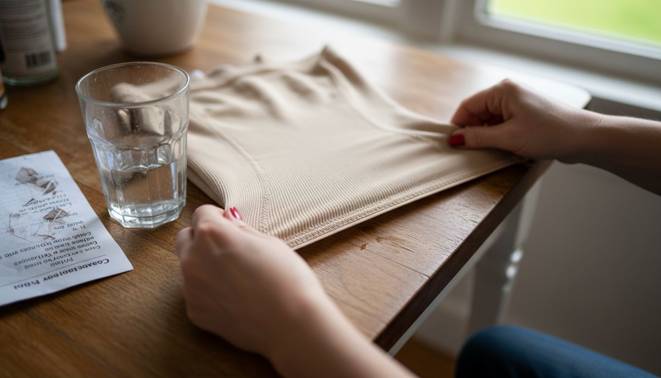 Close-up of hands stretching shapewear fabric