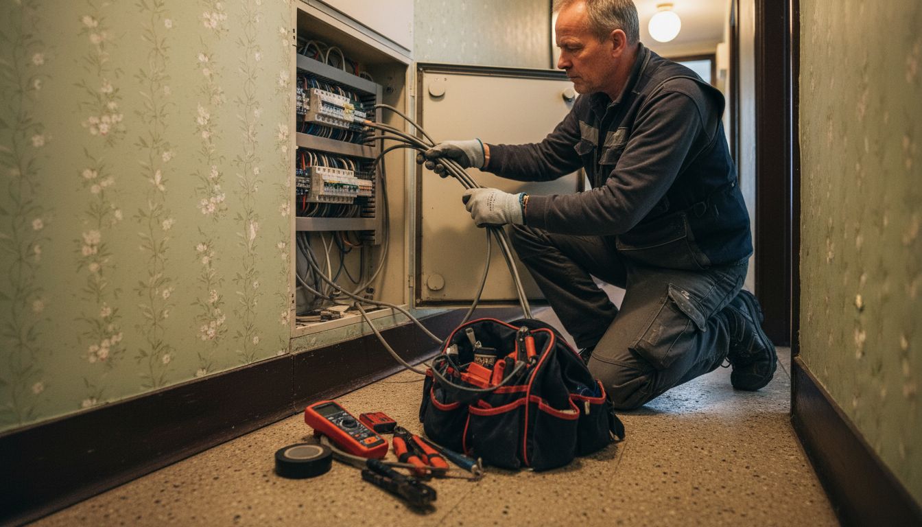 Elektricien installeert laadpaal in oude hal