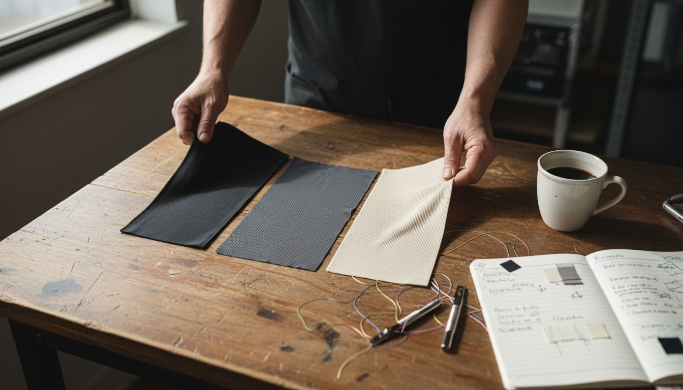 Hands examining various shapewear fabric samples