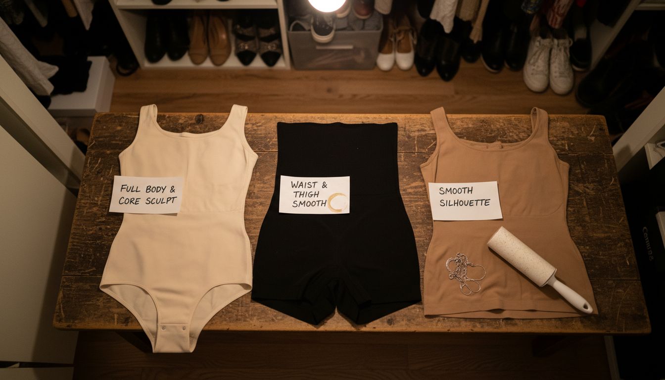 Top-down view shapewear garments and labels