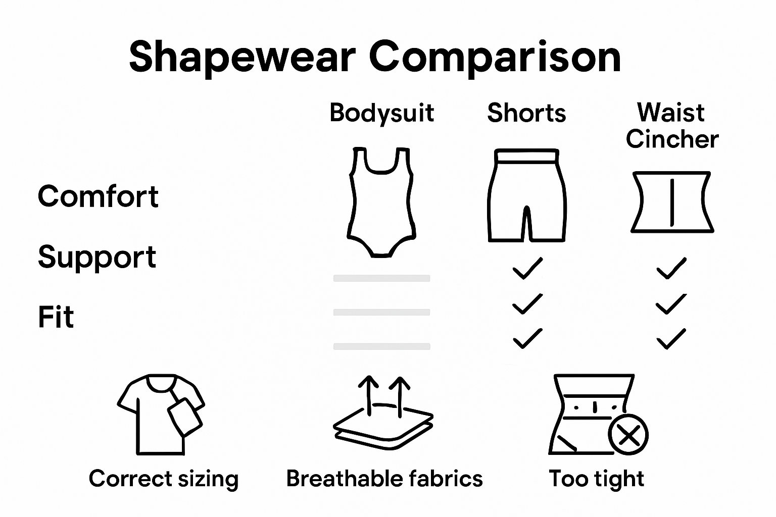 Infographic comparing shapewear comfort, fit, support