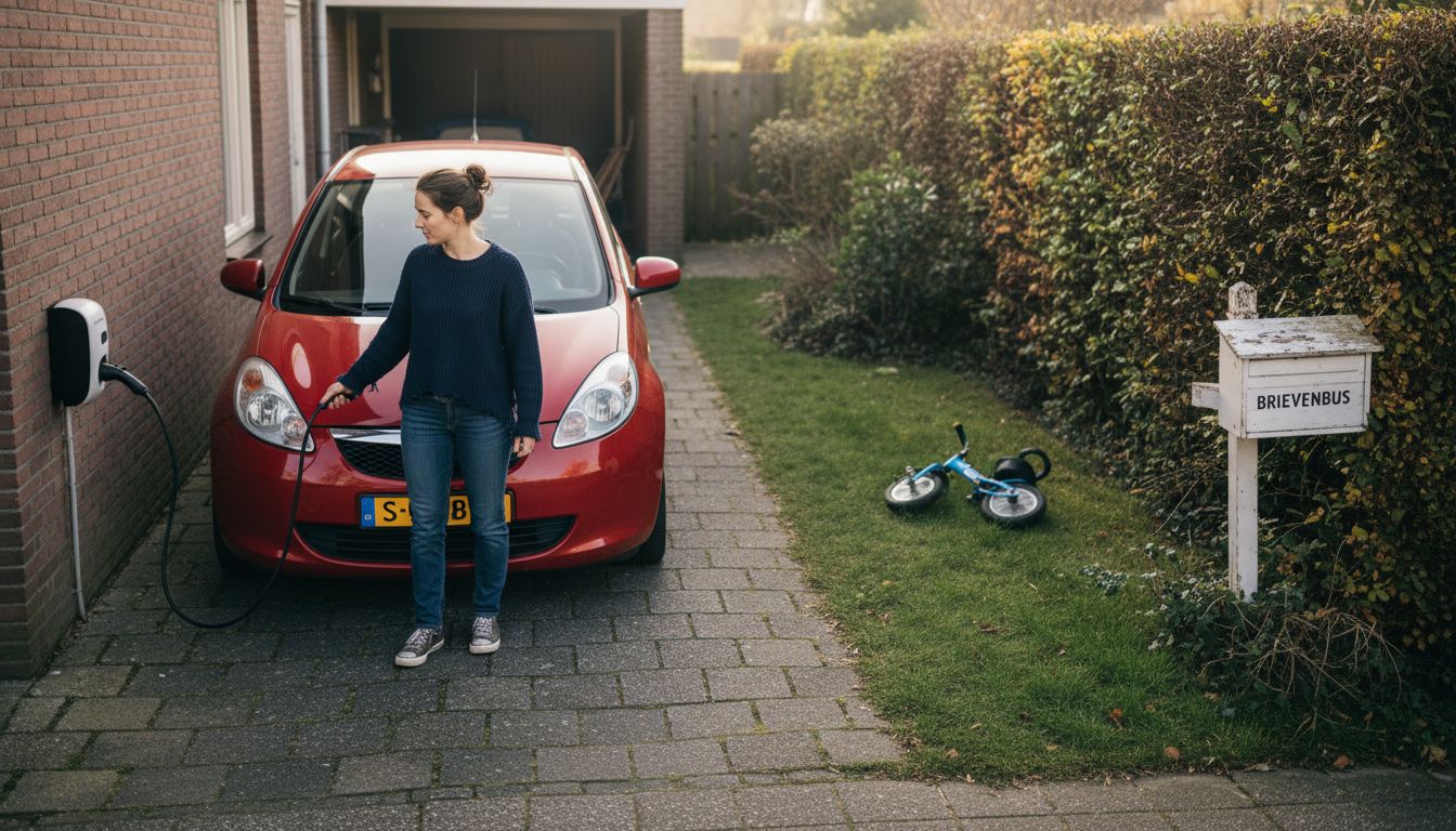 Een vrouw zet haar auto thuis aan de laadpaal om op te laden.