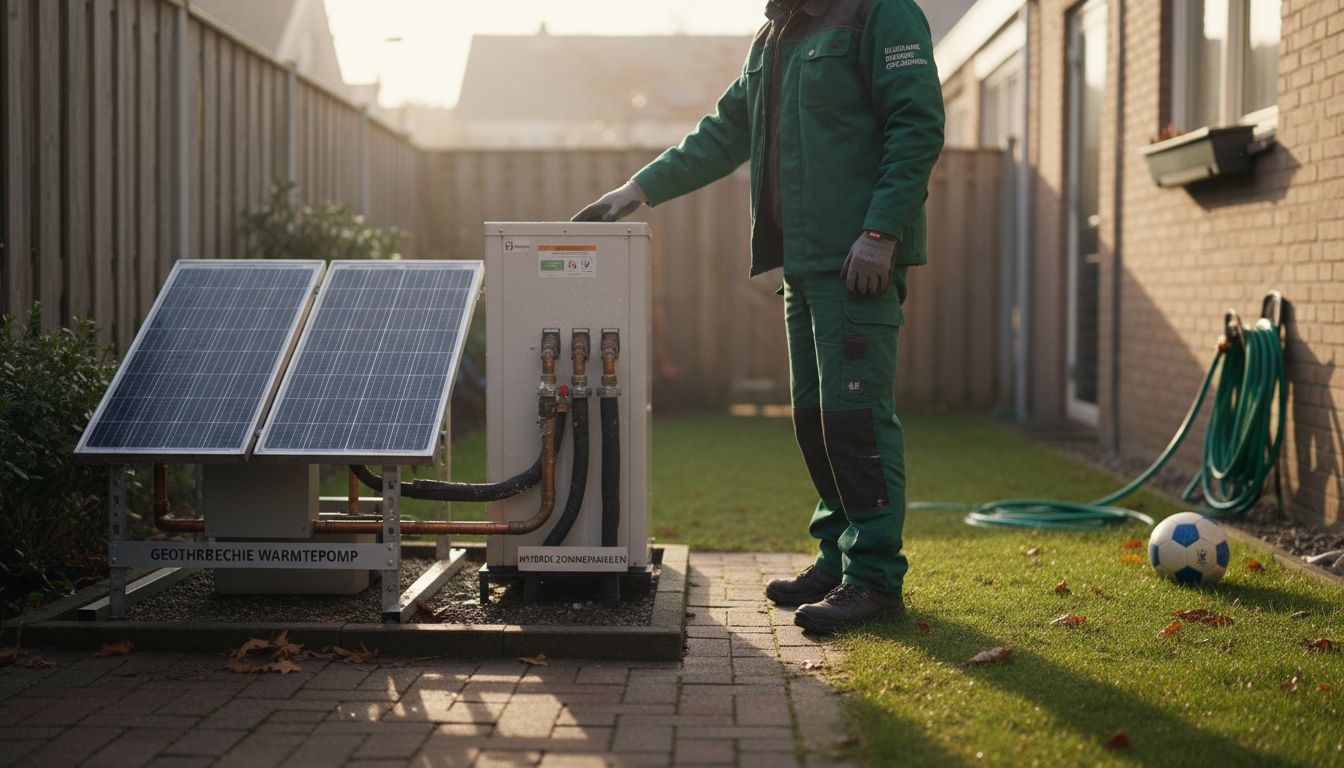 Monteur inspecteert hybride zonne-installatie en warmtepomp