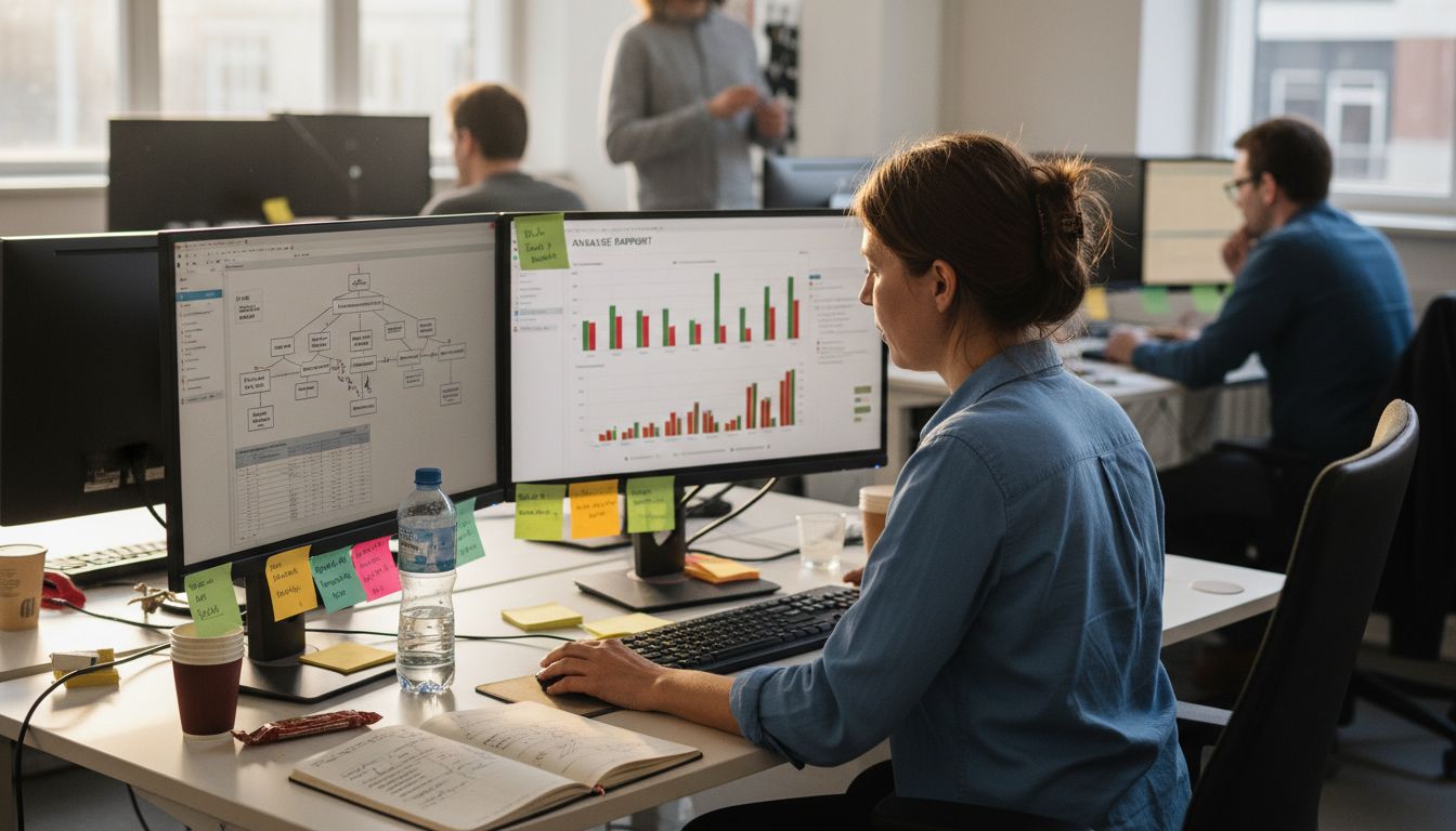 Een vrouw verdiept zich achter haar bureau in de resultaten van haar campagne.