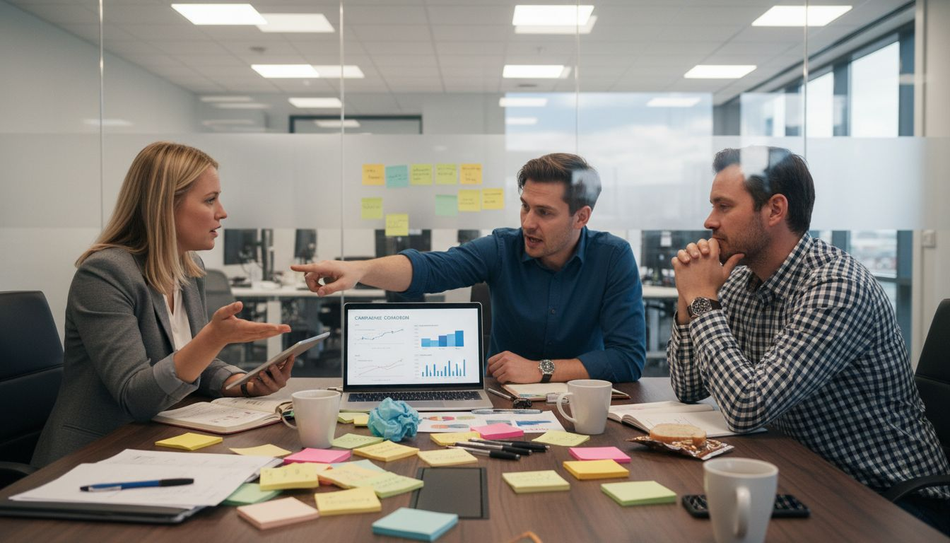 Het team werkt samen aan het opstellen van de Google Ads-campagnes.