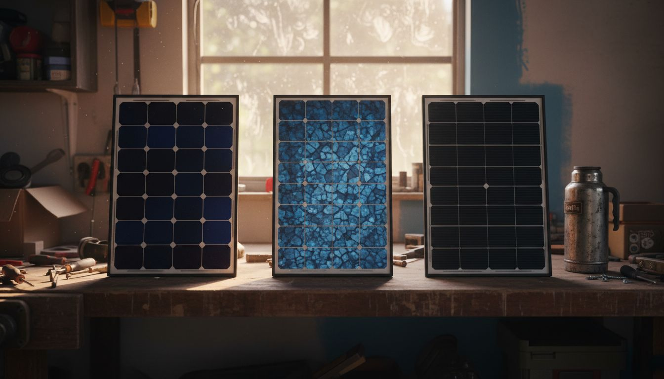 Drie soorten zonnepanelen uitgestald op de werkbank