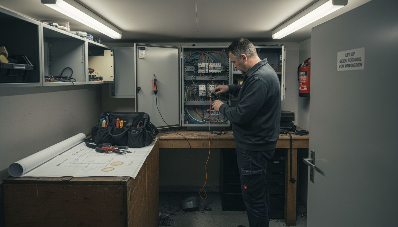 Een installateur is bezig met het aanpassen van de groepenkast.