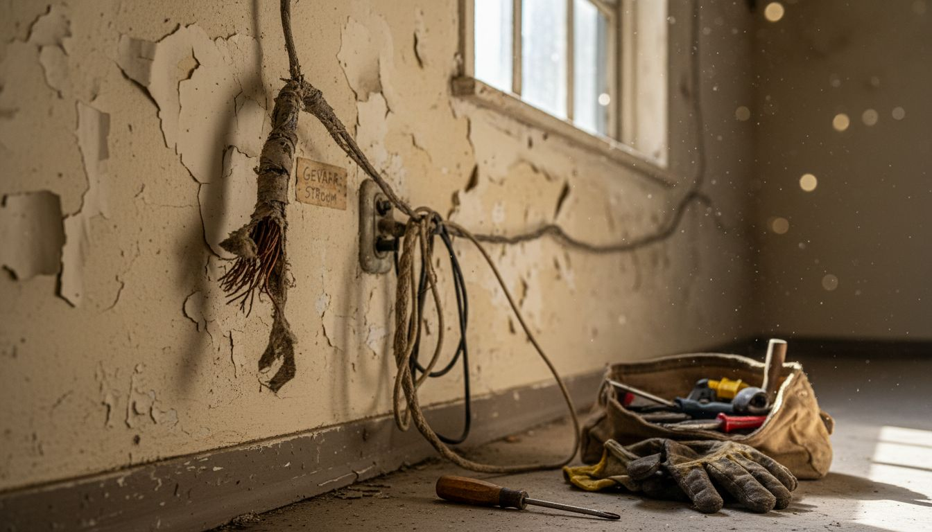 Detailopname van versleten en rafelige oude elektriciteitsdraden