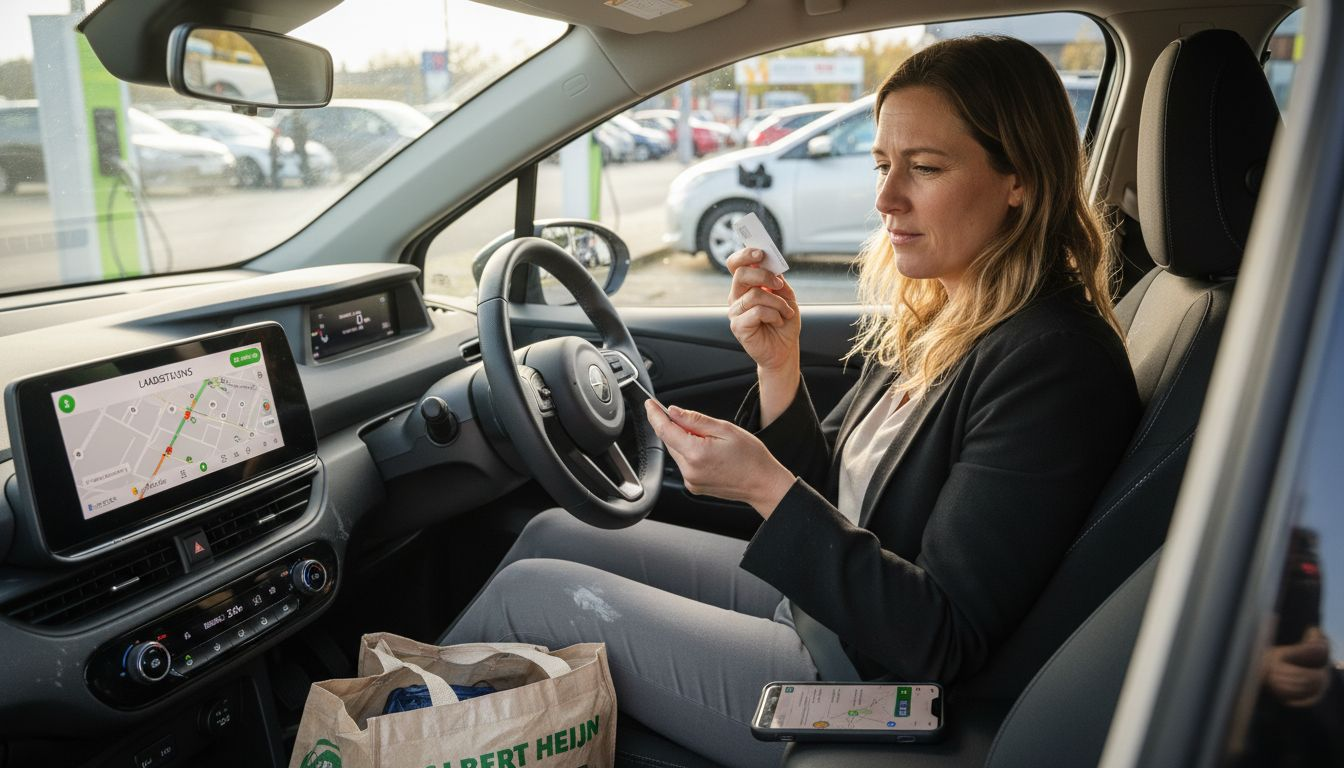 Vrouw controleert haar laadpas terwijl ze in haar geparkeerde auto zit.