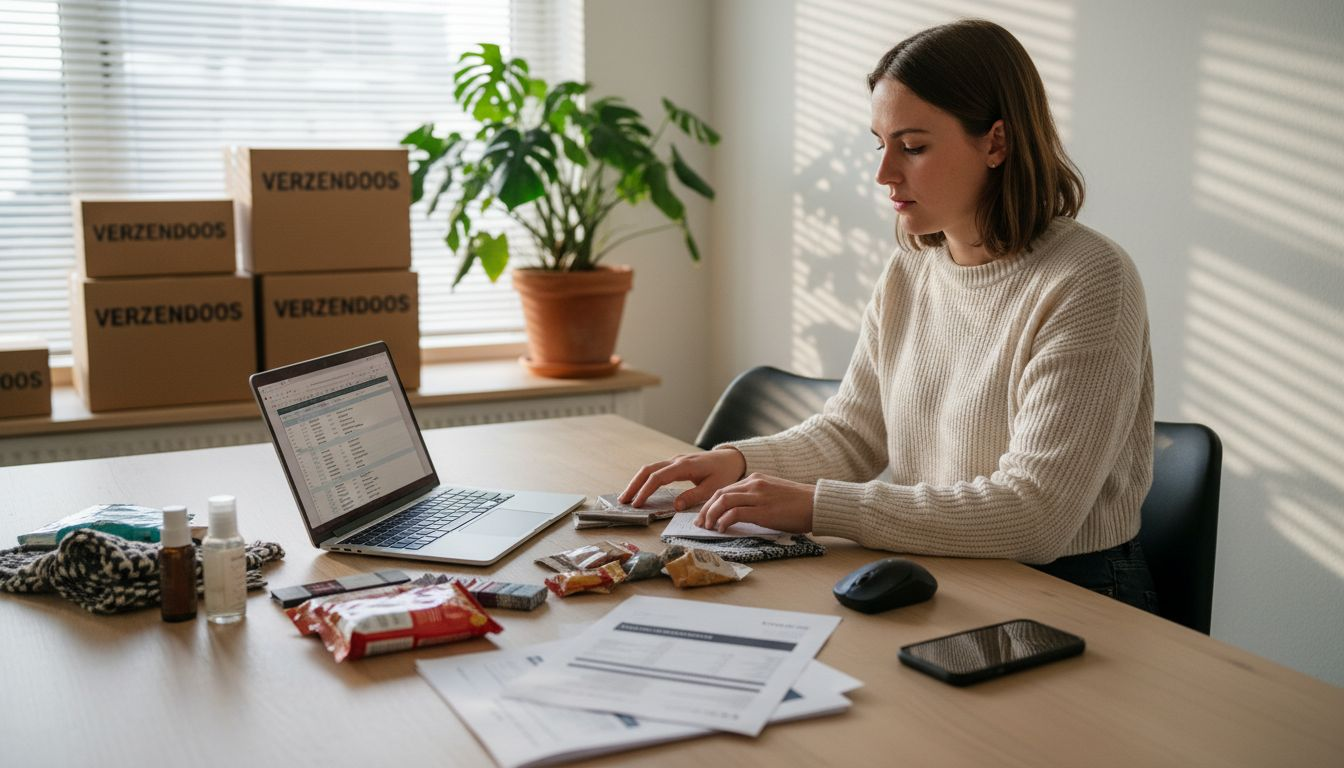 Een e-commerce manager die productmonsters netjes op zijn bureau ordent.