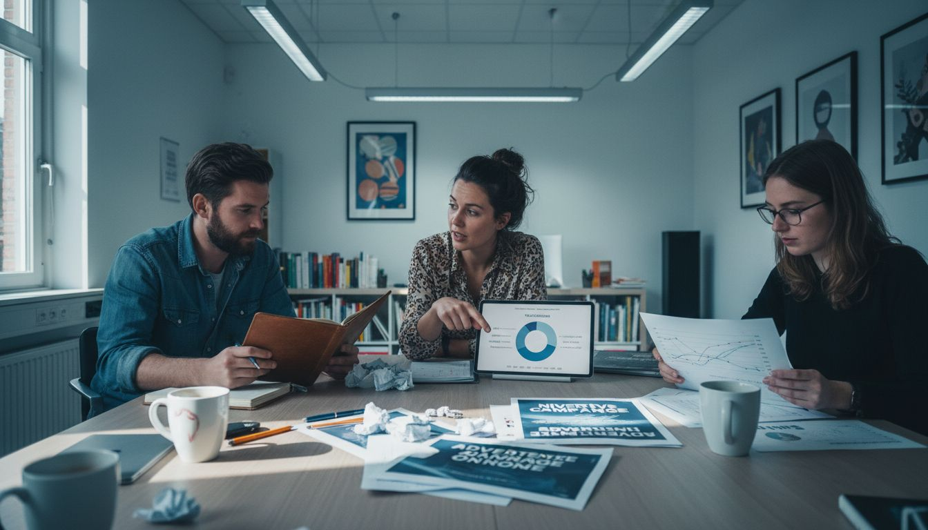 Een team zit samen aan tafel om de resultaten van een advertentie-audit te bespreken.