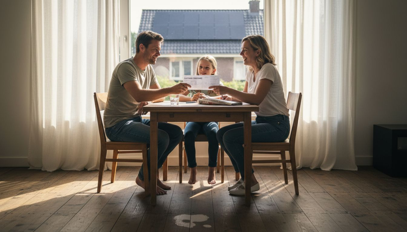 Het gezin zit samen aan tafel om te bedenken hoe ze thuis energie kunnen besparen.