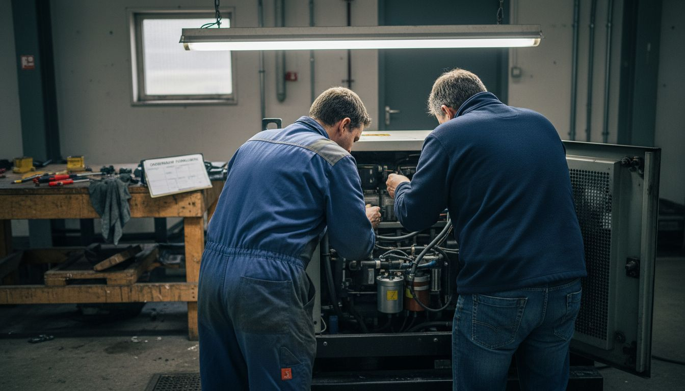 Monteurs zijn bezig met het installeren van een noodaggregaat in een bedrijfspand.