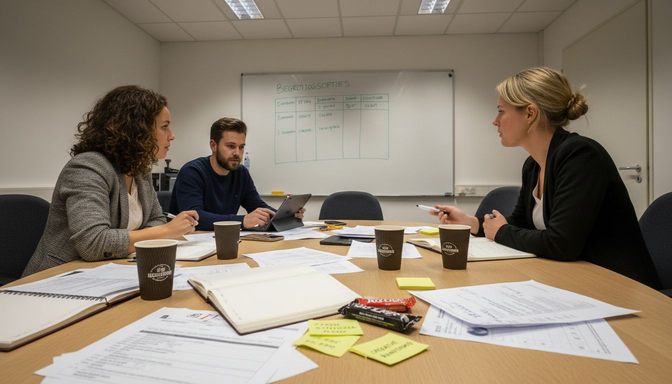 Het team zit samen in de vergaderruimte om het advertentiebudget te bespreken.