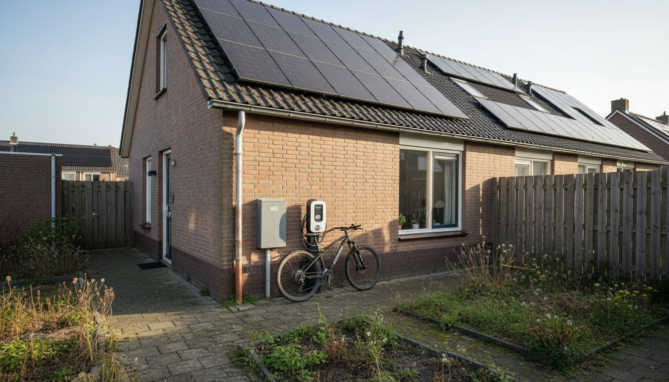 Een huis dat is uitgerust met zonnepanelen en een thuisaccu.