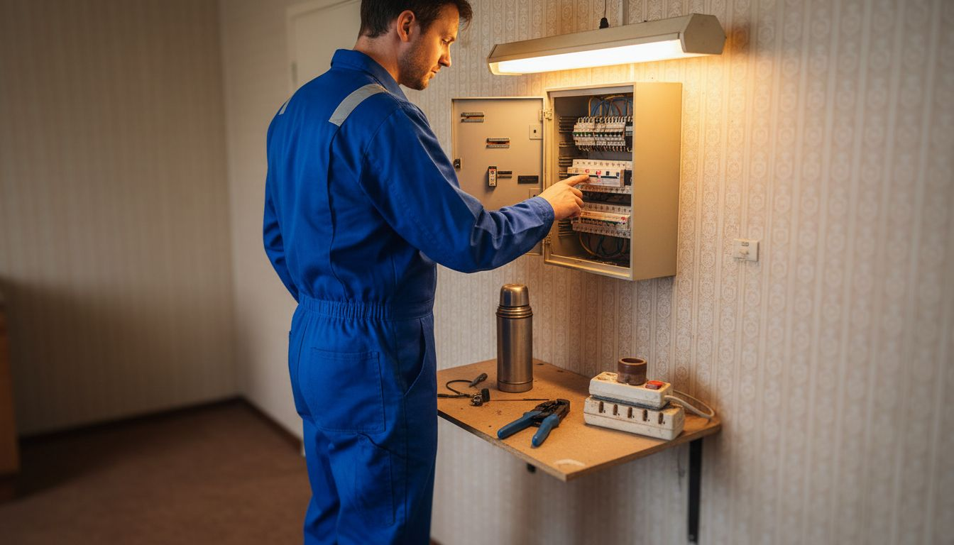 Een elektricien controleert de onderdelen van de groepenkast bij mensen thuis.