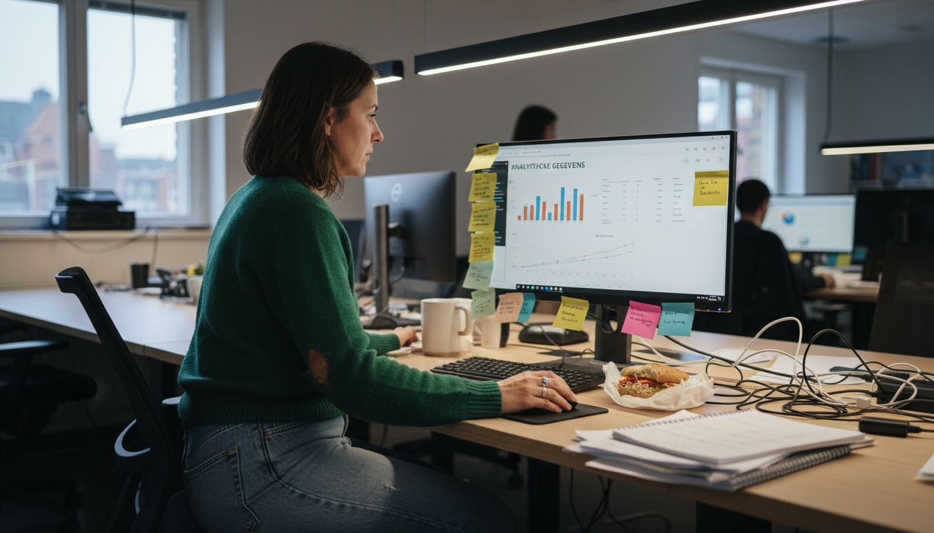 Een vrouw verdiept zich achter haar bureau in marketingdata.