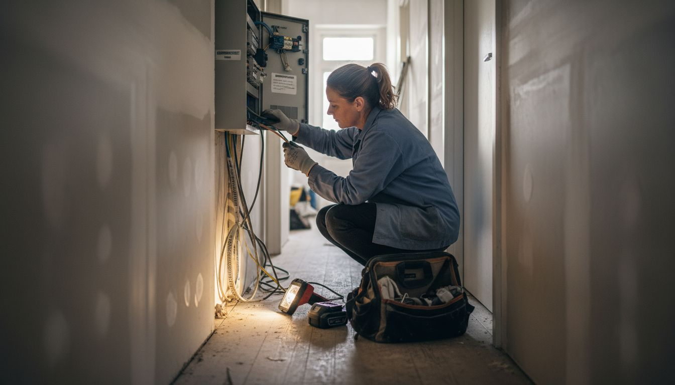 Monteur inspecteert de bekabeling van het noodstroomsysteem