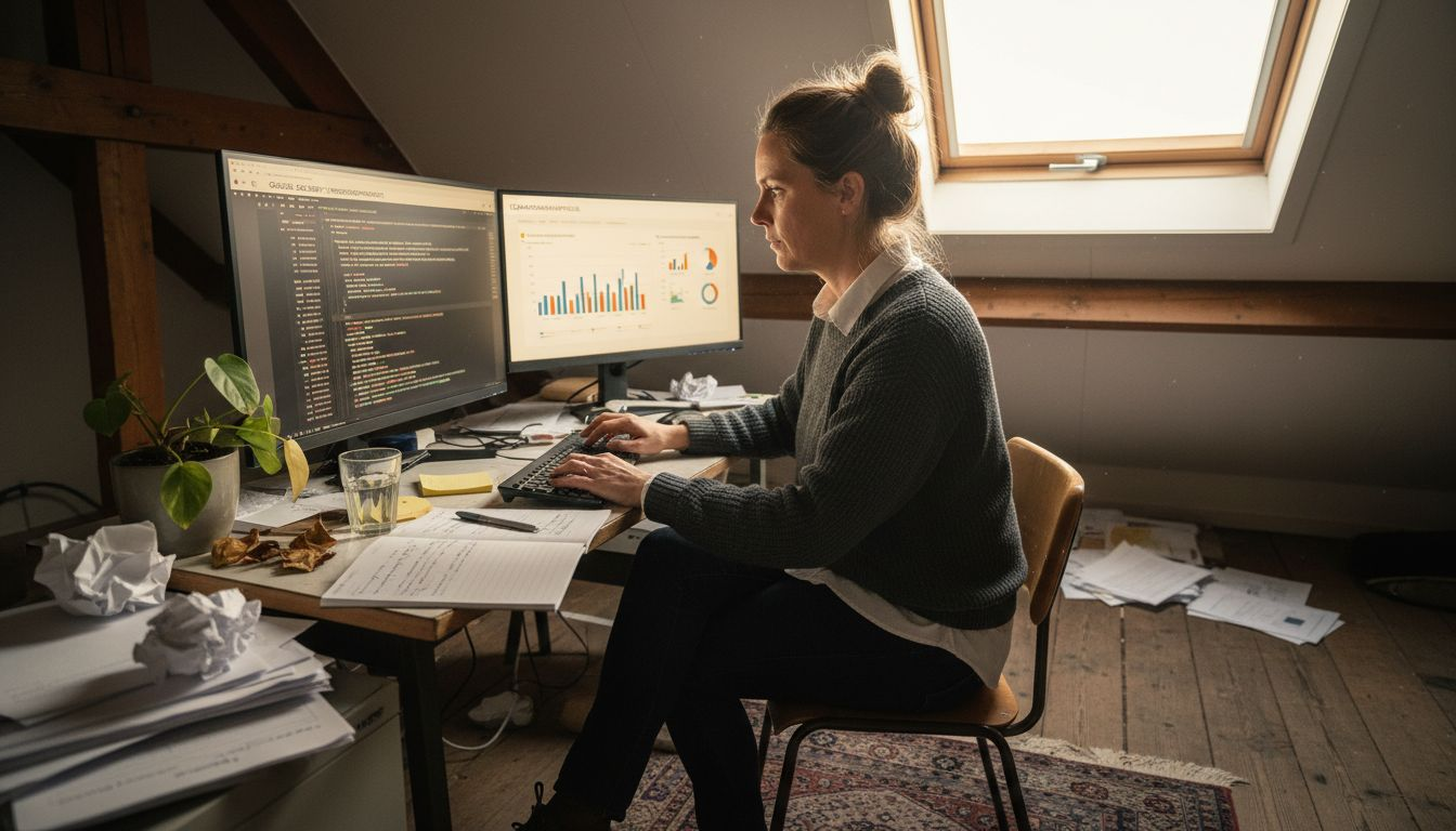 Een ondernemer zit achter zijn computer en past Google Ads-scripts aan op het scherm.