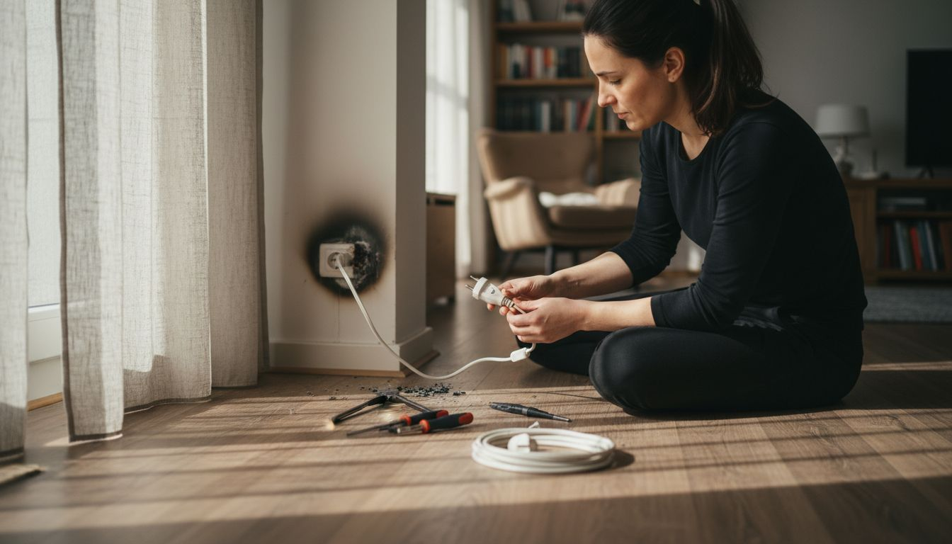 Een vrouw bekijkt bezorgd een kortsluiting bij het stopcontact.