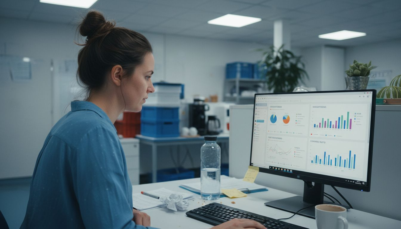 Een marketingspecialist analyseert het dashboard op kantoor.