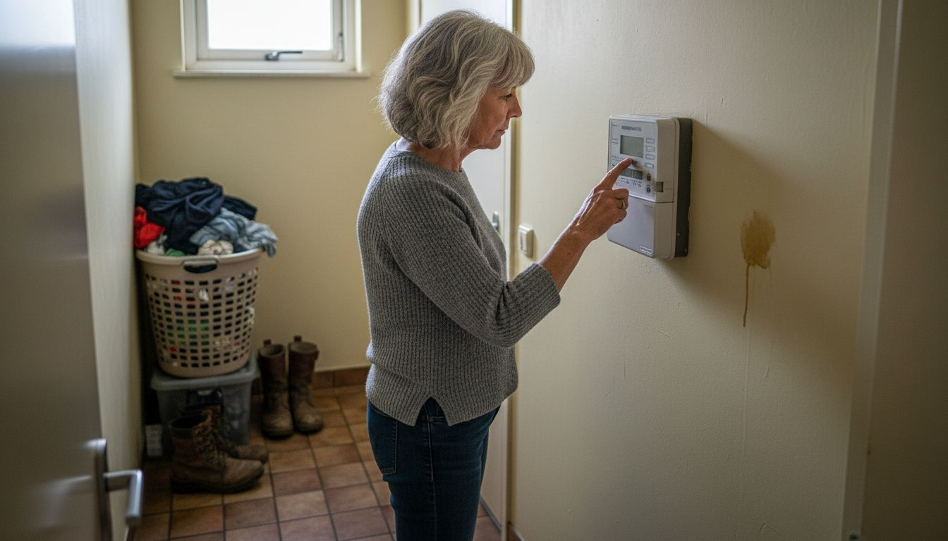 Een vrouw bekijkt de slimme energiemeter bij haar woning.