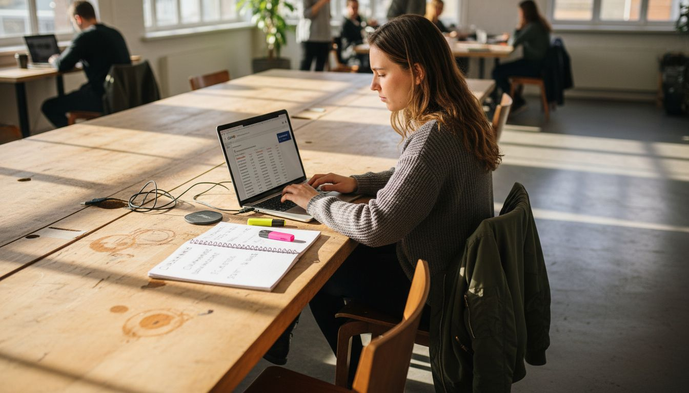 Een marketeer verdiept zich in zoekwoorden aan een druk bureau vol notitieblokken en laptops.