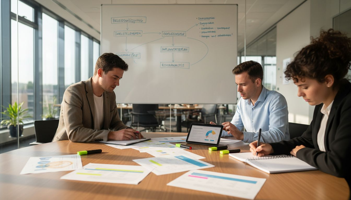 Het team komt samen in de vergaderruimte om de regels rondom advertenties te bespreken.