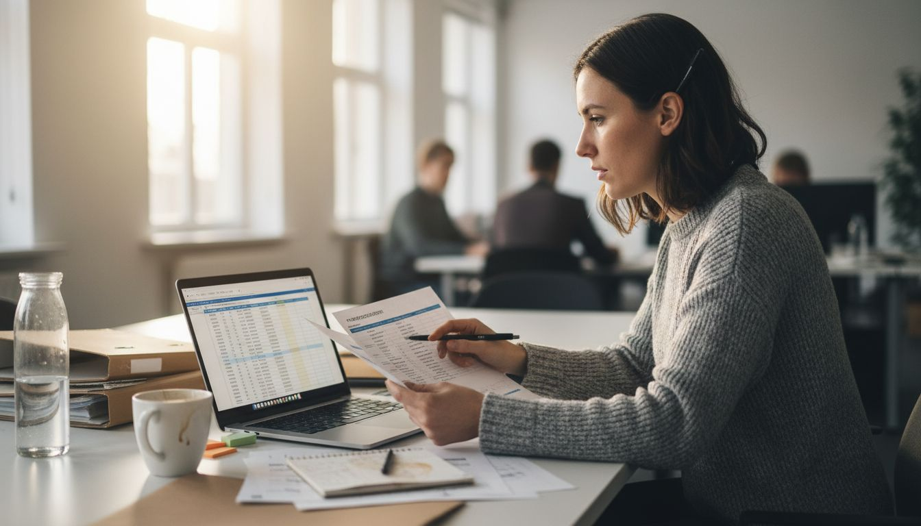 Vrouw bekijkt en beoordeelt geprinte overzichten van productinformatie