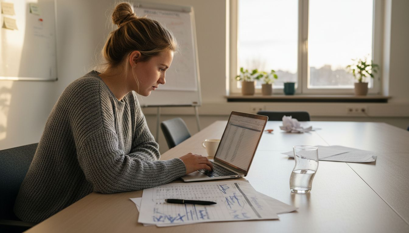 Een vrouw analyseert de resultaten van haar Google Ads-campagnes in een spreadsheet.