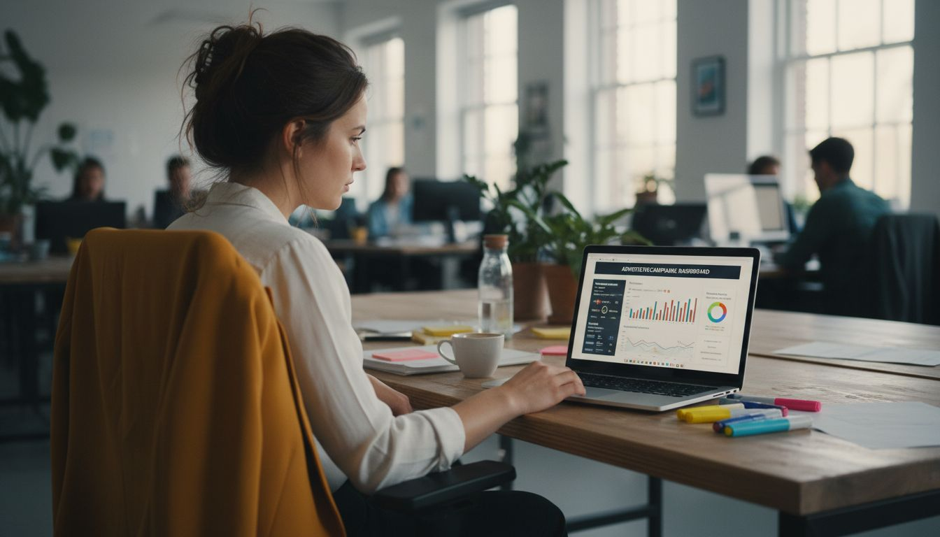 Een vrouw bekijkt het advertentieoverzicht op haar laptop.