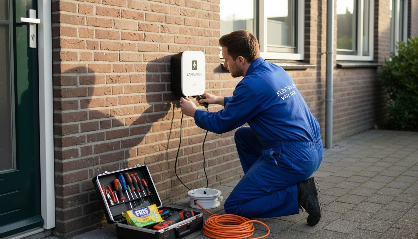 Een vakman plaatst een compacte laadpaal voor je elektrische auto bij jou thuis.