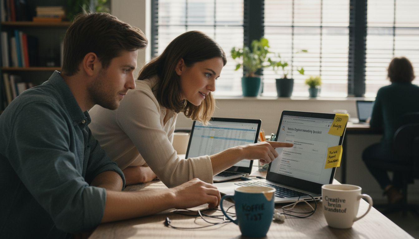 Online marketeers werken samen aan advertentiegroepen.