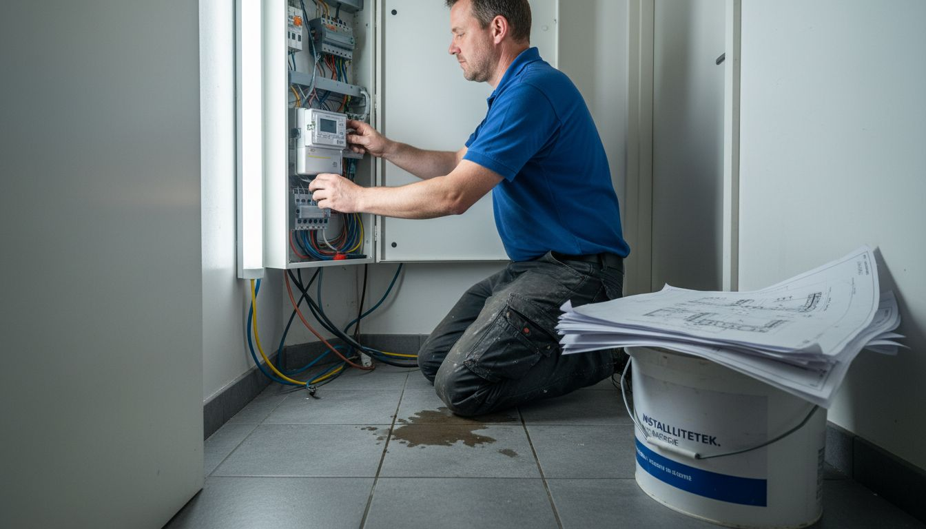 Een installateur is bezig met het plaatsen van een slimme meter.