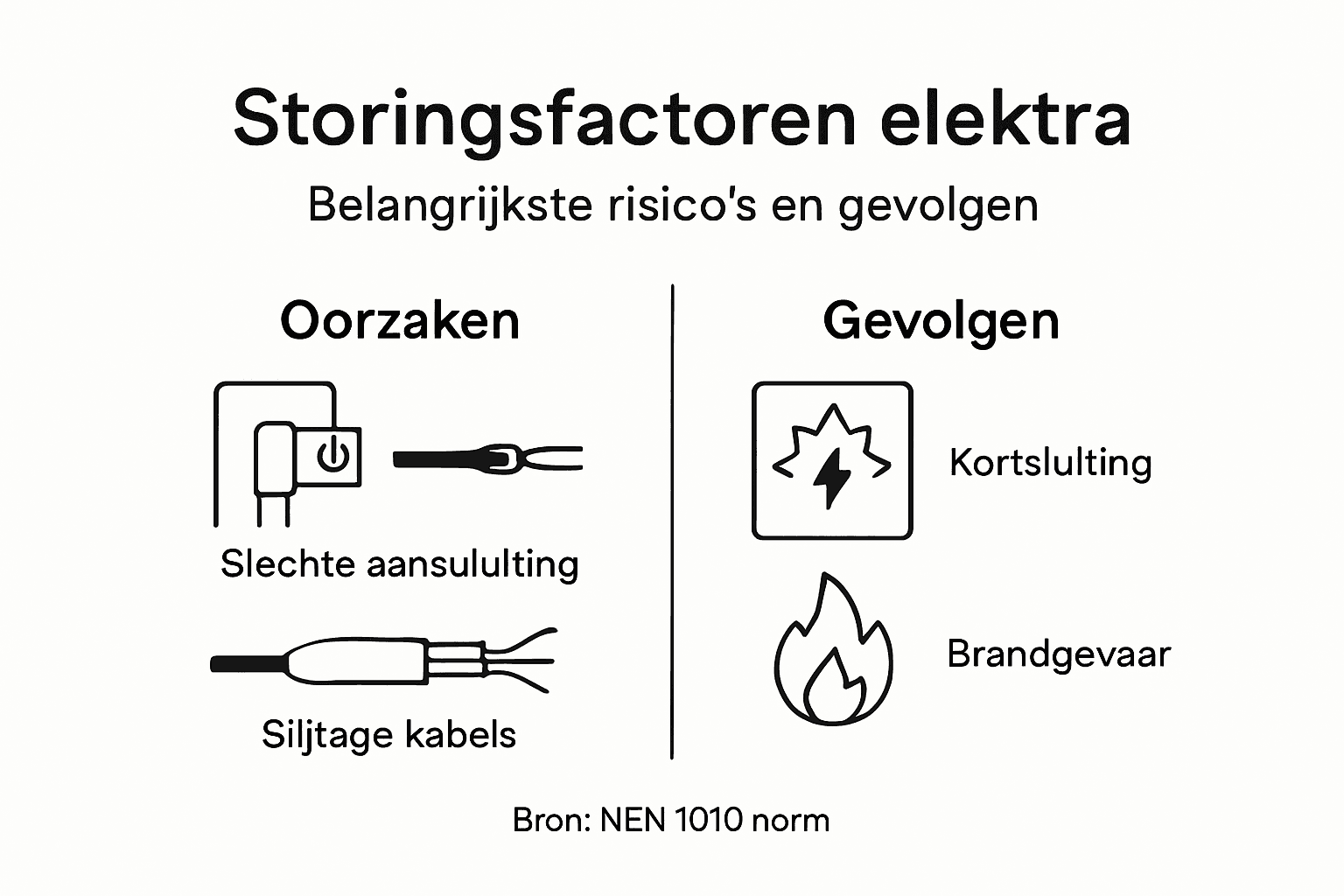 Overzicht van veelvoorkomende storingsfactoren in de elektra, inclusief de belangrijkste oorzaken en wat de gevolgen hiervan kunnen zijn.