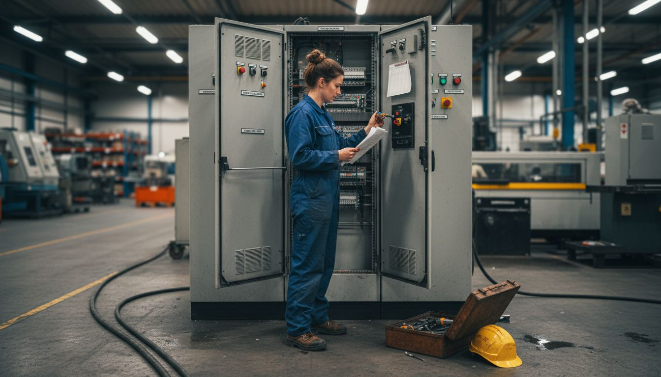 Een monteur controleert de elektrische installaties op veiligheid.