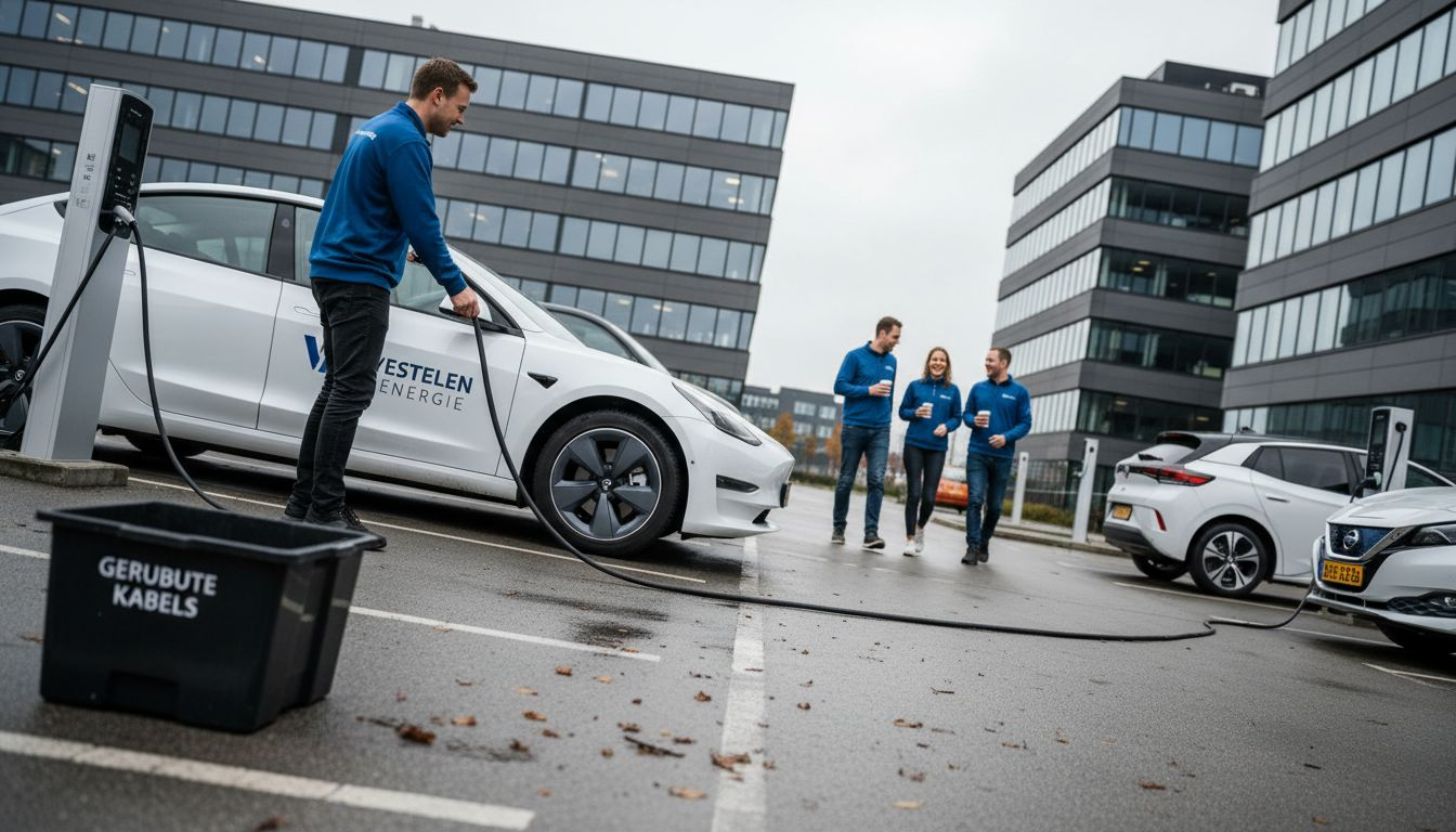 Een medewerker is bezig met het oprollen van een laadkabel op het bedrijfsterrein.