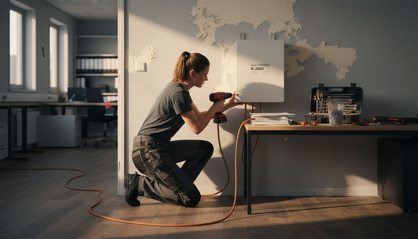 Vakman plaatst batterijopslagsysteem bij lokaal bedrijf